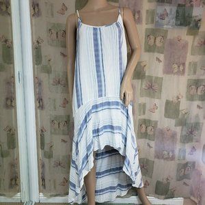 White blue striped spaghetti strap High Low ruffle hem dress